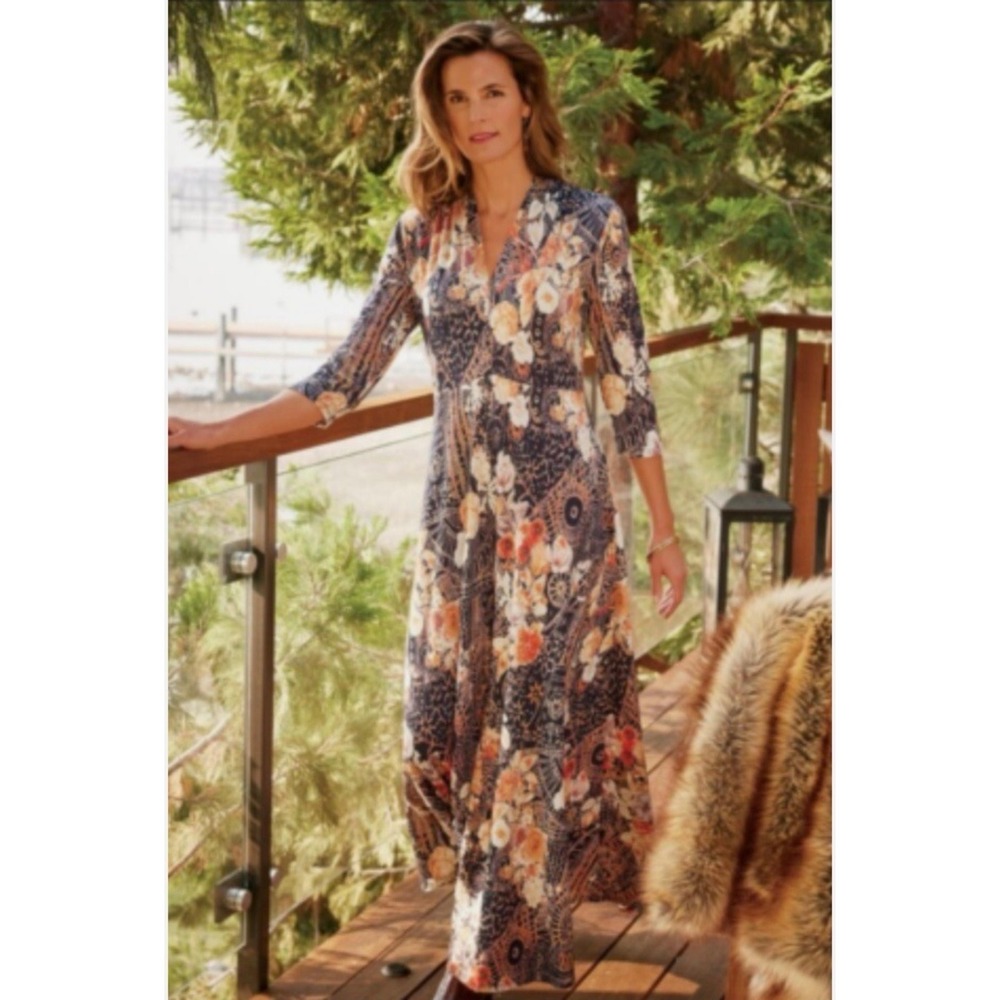 Soft Surroundings Womens Medium P Purple Orange Floral Print Adamaris Maxi Dress